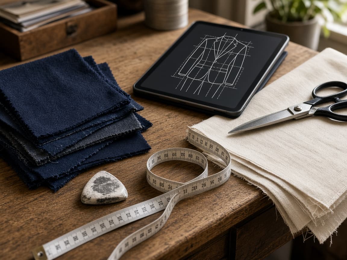 Tailor's workbench with measuring tape, fabric and a tablet